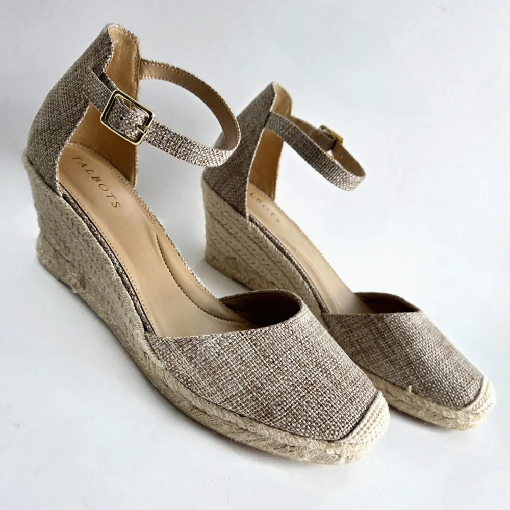Talbots New Espadrille Wedge Heels With Ankle Strap, Brown, Tan, & Gold, Size 8